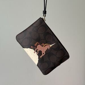 Coach Corner Zip Wristlet Bag Clutch Wallet Signature Canvas with Unicorn C1870